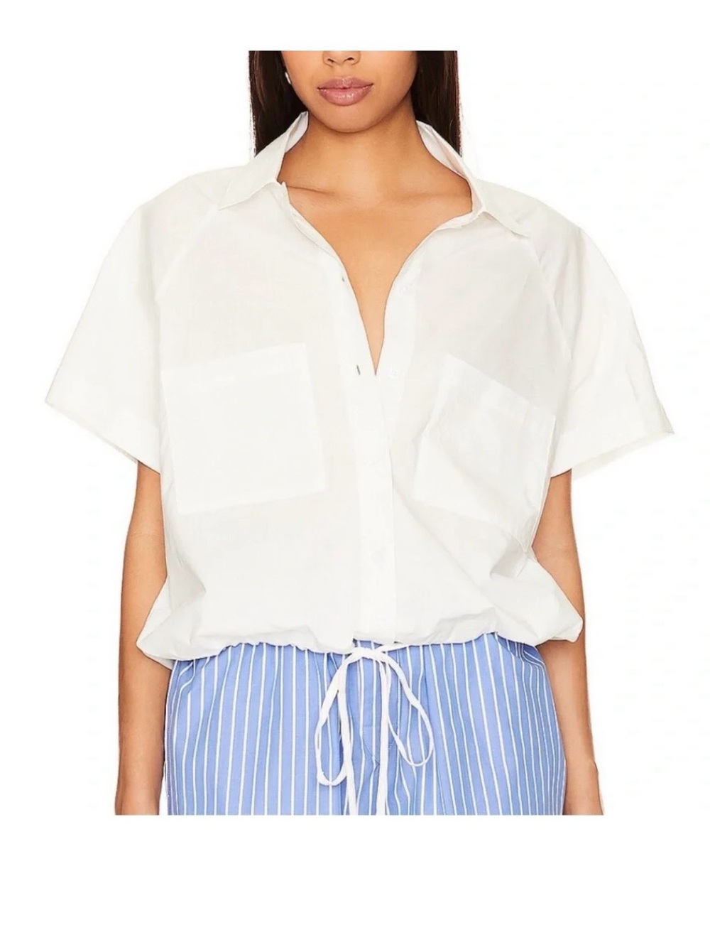 LNA Clothing Cream Button-Front Short Sleeve Top with drawstring waist